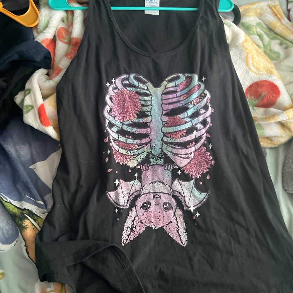 Amazon Black Tank Top with Colorful Skeleton and Bat Design